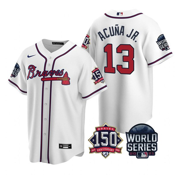 Men's Atlanta Braves #13 Ronald Acuna Jr. 2021 White World Series With 150th Anniversary Patch Cool Base Stitched Jersey Men's Atlanta Braves #13 Ronald Acuna Jr. 2021 White World Series With 150th Anniversary Patch Cool Base Stitched Jersey